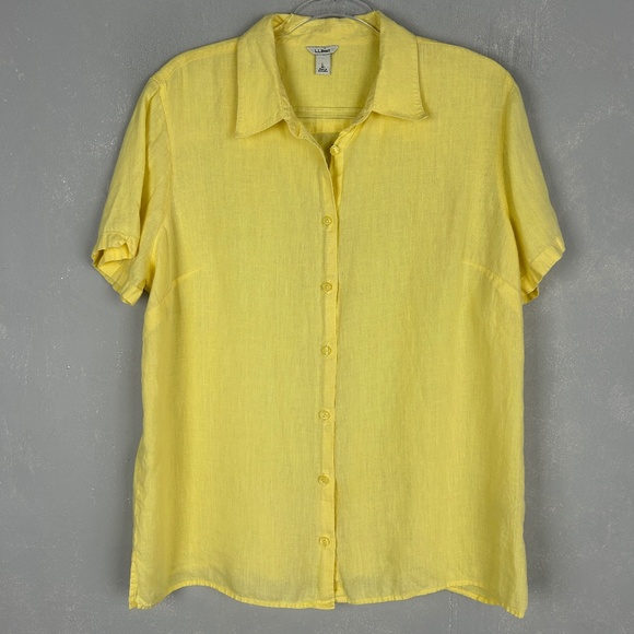 L.L. Bean Tops - LL Bean women size L short sleeve button up top yellow 100% linen
